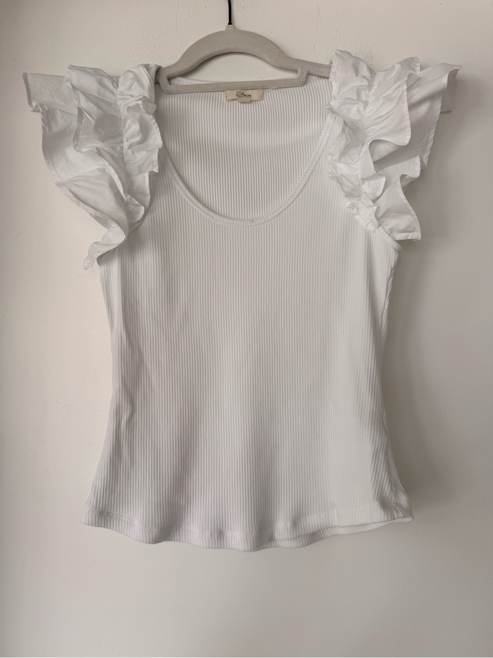 Elan White Ribbed Tank with Ruffle Cap Sleeves - Picture 3 of 6